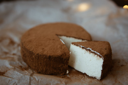 ricotta cheese in cocoa on top of a tableの写真素材