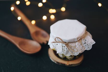 Chevre cheese on bread of food on a tableの写真素材