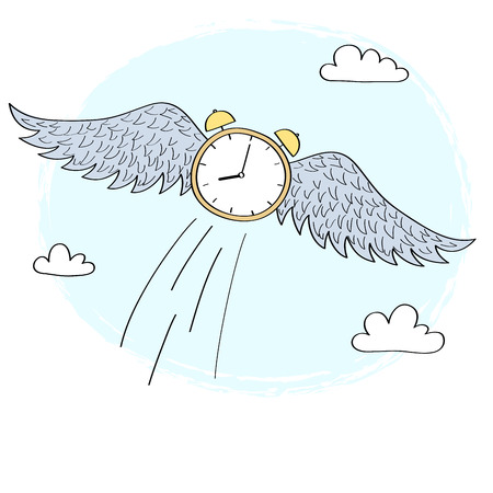 Cartoon clock with wings flying in the skyのイラスト素材