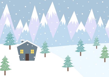Winter landscape with mountains and a cottage.のイラスト素材