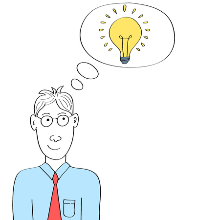 Cartoon man thinking bright idea light bulbのイラスト素材