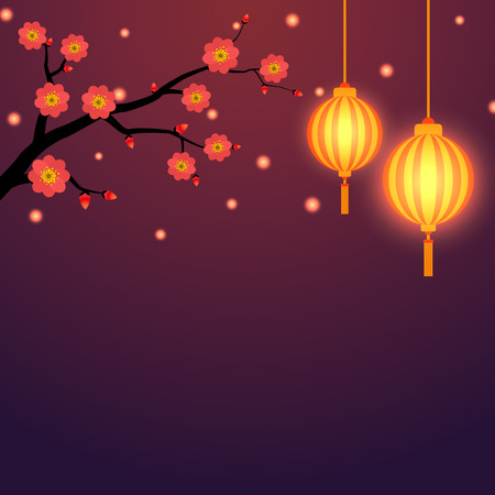 Chinese style background with lanterns and floral branchのイラスト素材