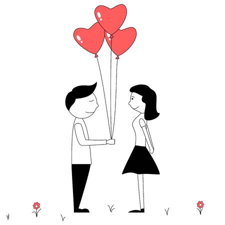 Cute cartoon couple with red heart shape balloonsのイラスト素材