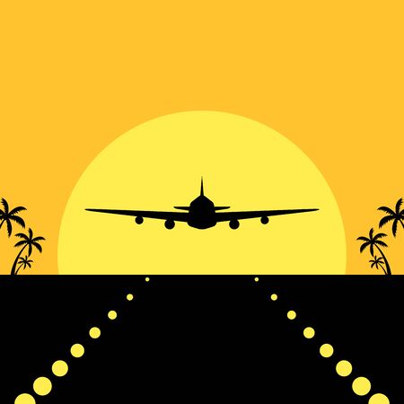 Airplane landing silhouette in tropical environmentのイラスト素材