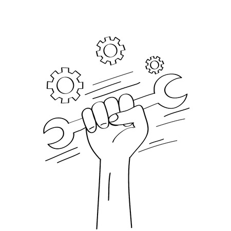 Labor day themed drawing of gears with hand holding wrenchのイラスト素材