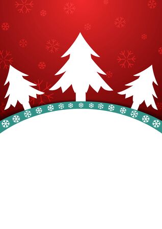 Christmas themed red and white poster with trees and snowflakesのイラスト素材