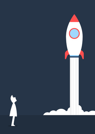 Human figure looking at rising space rocket Vector illustration.のイラスト素材