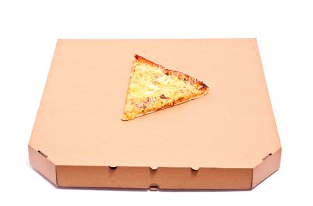 Piece of pizza on box isolated on white. Focus on pizzaの写真素材