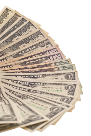 A stack of hundred, one, fifty, twenty dollar bills. Isolated on white