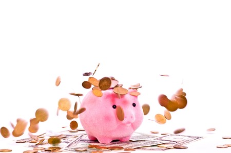 a pink pig stands under the falling money isolated on whiteの写真素材