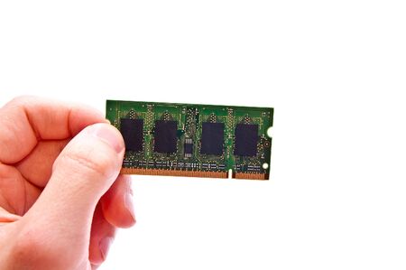 Memory stick in man hand isolated on white backgroundの写真素材