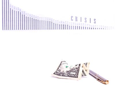 rumpled one dollar and silver pen with chart isolated on whiteの写真素材