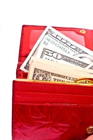 Dollar notes and red wallet, white backgroundの写真素材