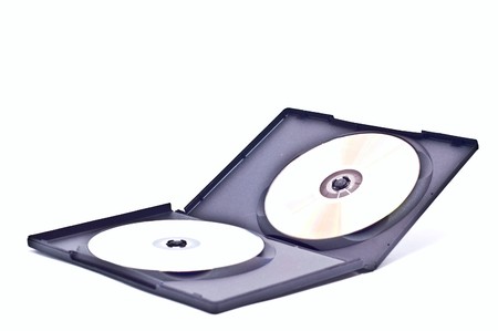 Double DVD video case wide opened with two DVD isolated on white
の写真素材