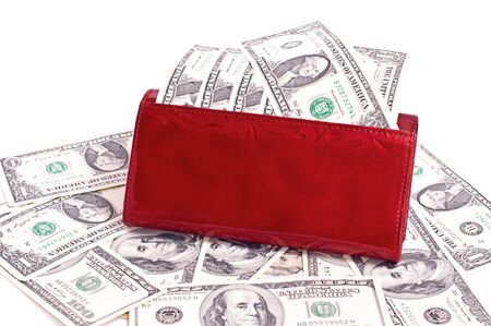 Dollar notes and red wallet, white backgroundの写真素材