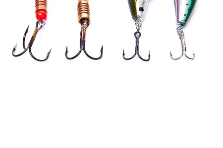 Fishing hooks isolated on whiteの写真素材