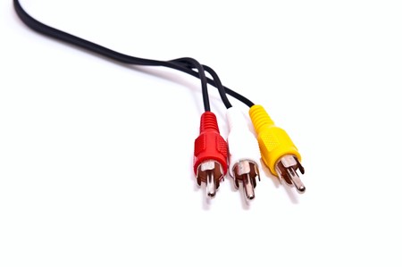 Audio or video technology. Cable splits into yellow white and red plugの写真素材