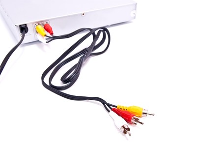 Cable splits into yellow white and red plug. Isolated on whiteの写真素材