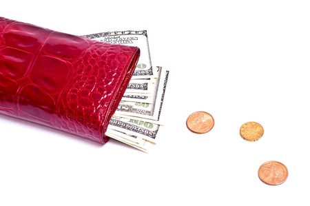 Dollar notes and red wallet, white backgroundの写真素材