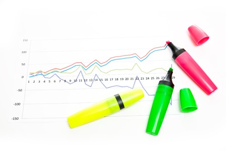 Yellow, green and pink markers with business chart isolated on whiteの写真素材