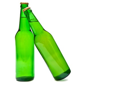 Two cold beers in green bottle isolated on white. Soft shadowの写真素材