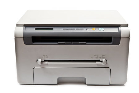 Grey computer laser printer isolated on white background