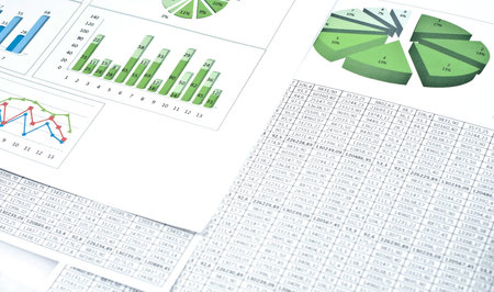 Business still-life with diagrams, charts and spreadsheets