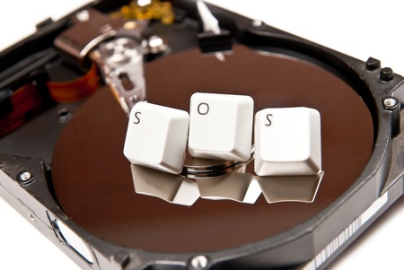 Hard Drive with word sos. On white backgroundの写真素材