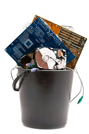 Discarded, used and old computer hardvware. Isolated on white backgroundの写真素材