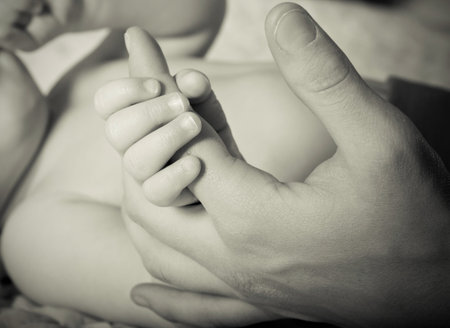 Child and father hands. Studio shot