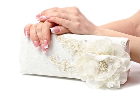 Perfect manicure on female hands. White backgroundの写真素材