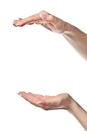 Female hands open. Isolated on white backgroundの写真素材