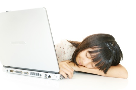 Stressed Asian girl isolated on white backgroundの写真素材