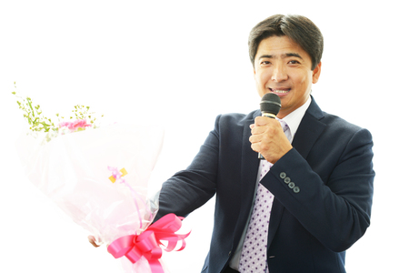 Man holding flower bouquetの写真素材