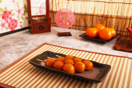 Japanese traditional delicious sweets in a dishの写真素材