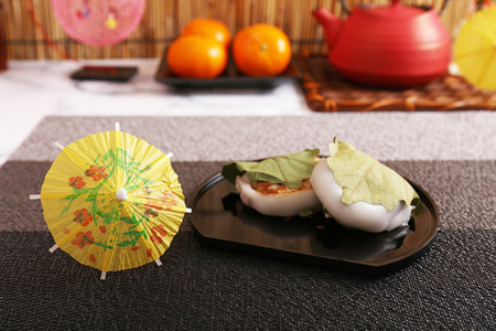Japanese traditional delicious sweets in a dishの写真素材