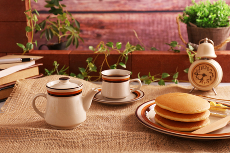 Delicious pancakes and a cup of coffeeの写真素材