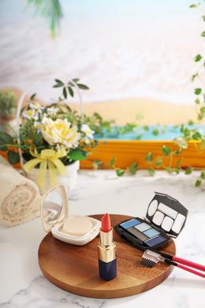Cosmetic products on the tableの写真素材