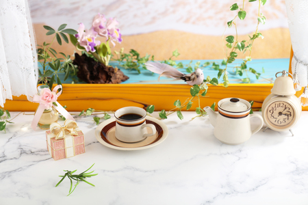 Delicious cup of coffee on the tableの写真素材