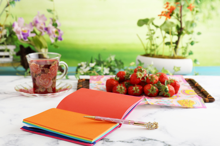 Notebook and pen on the tableの写真素材