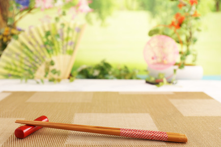 Close up shot of Japanese chopsticks on a chopstick restの写真素材