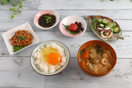 Delicious Japanese cuisines on the dining tableの写真素材