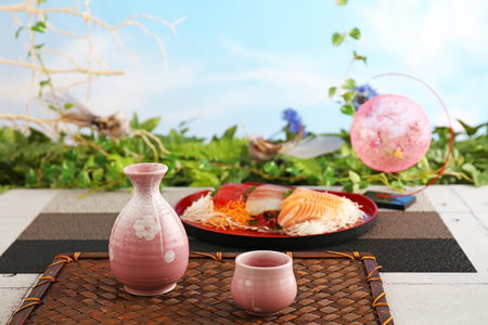 Japanese traditional cuisine sashimi and sakeの写真素材