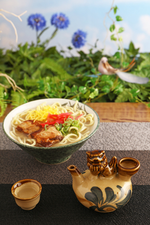 Delicious Okinawa soba noodle and sakeの写真素材