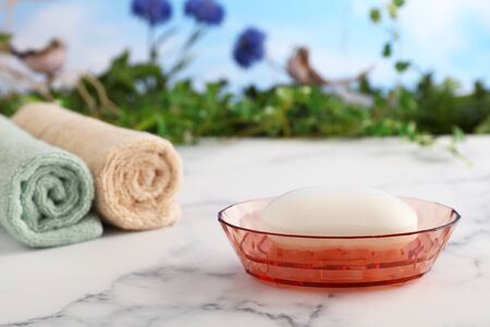 Bath and spa products on the tabelの写真素材