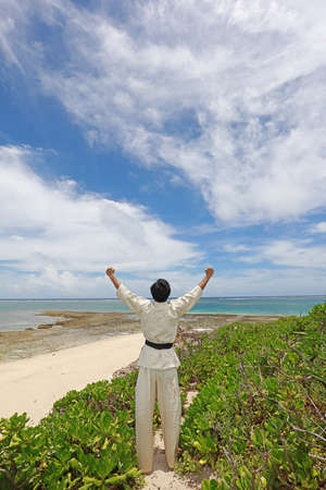 The man who relaxes on the beach.の写真素材