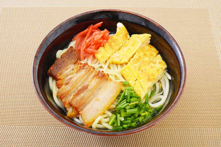 Delicious Okinawa soba noodle with belly meat.の写真素材