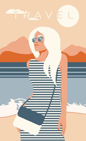 Girl in a dress at the sea. Poster in retro style. Vector illustrationのイラスト素材