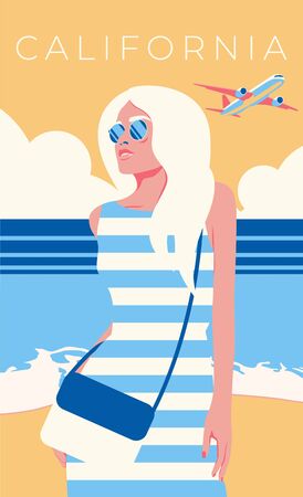 Girl on a background of blue sky. Airplane in the sky. California. LA. Los-Angeles. Vector illustration 2のイラスト素材