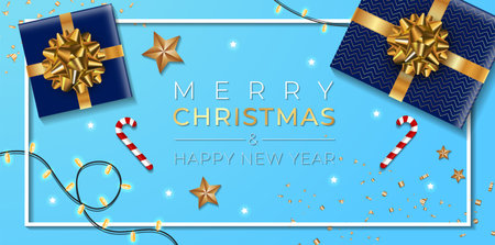 Christmas banner. Background Xmas design of sparkling lights garland, with realistic gifts box, gold stars and glitter gold confetti. blue table.のイラスト素材